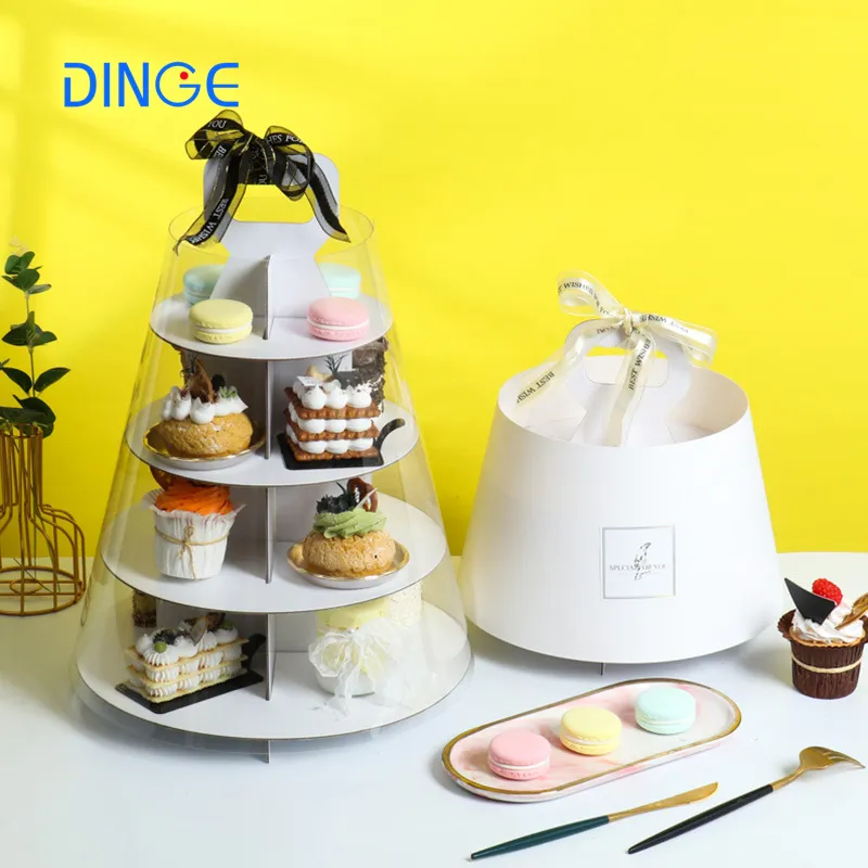 Hoge Kwaliteit Ronde Karton 4 Layer Dessert Cake Cupcake Stand Met Transparante En Papier Cover Voor Party En Wedding