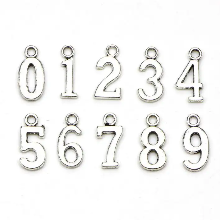 0 ~ 9 arabische cijfers Charm Metal DIY Tibetaans Zilveren Brief Nummer Hanger Bedels voor sieraden maken