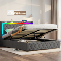 Tempat Tidur Penyimpanan Hidrolik Berlapis Beludru Grey Diamond Tuft dengan Headboard LED RGB yang Dapat Dikontrol via Aplikasi dan Stasiun Pengisian Daya USB Type C