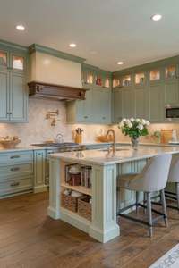 Luxury French Classic Custom Kitchen <b>Cabinets</b> | Solid Wood Painted Design with Island & Marble Countertop for Villa Projects - Product Image 6