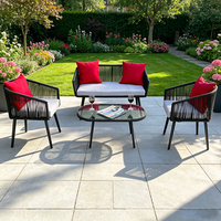 Vente chaude d'usine : Ensemble 4 pièces de chaises en corde tressée et table basse avec pieds métalliques coniques pour intérieur et extérieur