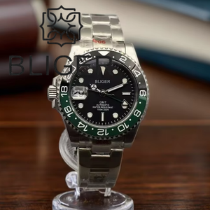 BLIGER gaucher NH34A automatique mécanique hommes montre 40mm boîtier lumineux verre saphir bracelet en acier inoxydable 9 heures corbeau - Product Image 1
