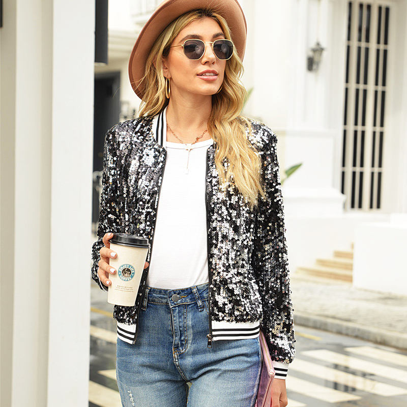 Black womens sequin bomber jacket