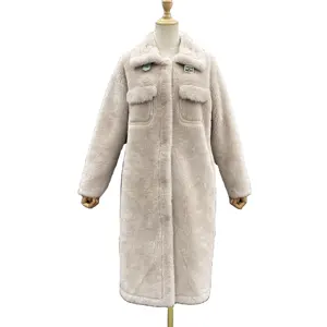 Milk-tea color fake chest pocket long sheep fleece women trench loose wool fur coat for ladies