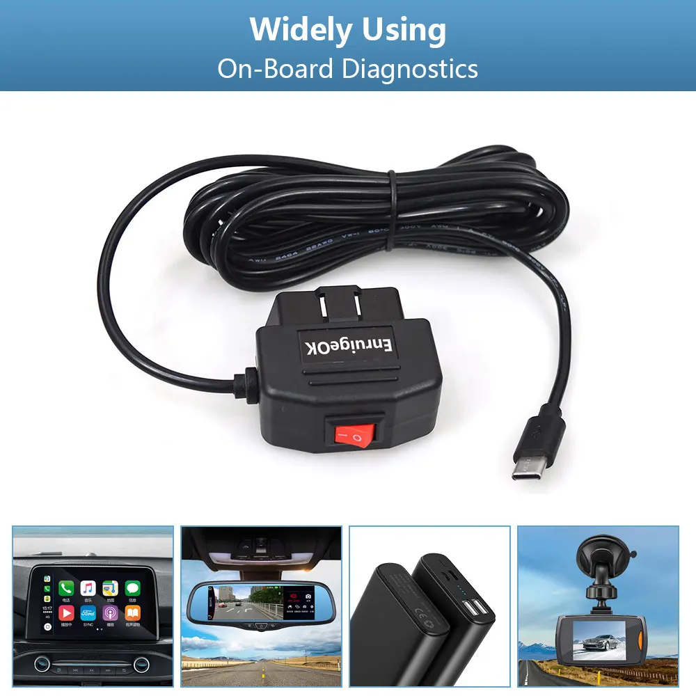 12V/3A OBD2 to USB Type-C Port Power Adapter OBDII Charging Cable with Switch Button for Car Dash Cam GPS Tablet E-dog Phone