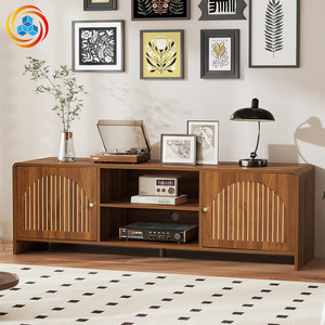 Meuble TV simple et moderne aux coins arrondis, console multimédia en panneaux de particules avec rangement et bords arrondis pour salon de style mid-century modern - Product Image 1