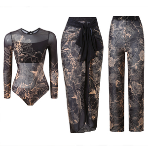 Stok 2026 9 warna cetak Wanita 3 potong pakaian renang lengan panjang Mesh baju renang pantai sarung celana panjang Set ukuran besar pakaian pantai S-2XL - Product Image 3
