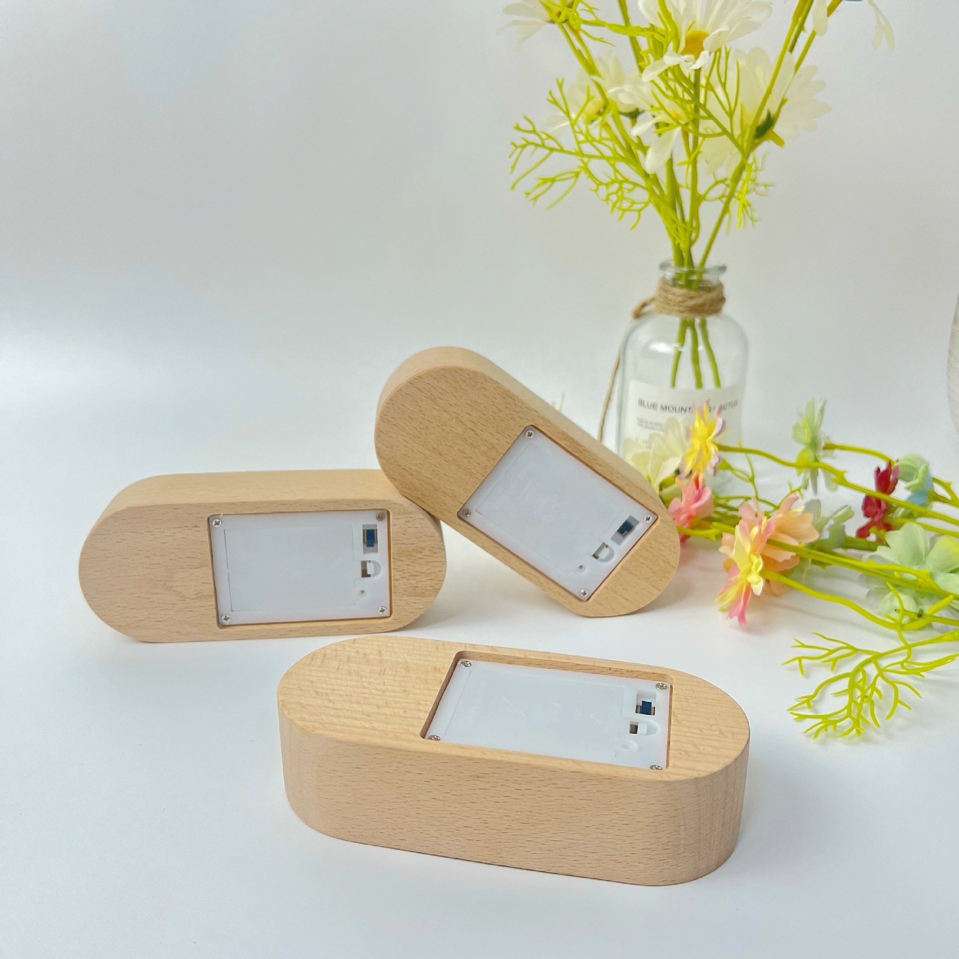 Oval Wooden LED Light Base with Battery Case, Battery Operated for AAA Batteries, Slot for Acrylic Panel Night Lamp Display