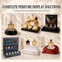 Présentoir de Comptoir Lumineux LED Doré Brossé pour Parfums, 6 Socles Illuminés, Base en Acrylique Noir Brillant