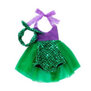 Ensemble de vêtements d'été pour hommes, robe à bretelles en dentelle sirène, 0-3 ans, robe barboteuse à découpes, accessoires pour cheveux Echo, vente en gros - Product Image 1