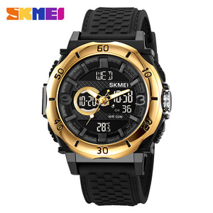 Skmei Digital Watch Men Dual Movement Gold Black Silicone Strap 50M Waterproof Electronic Watch With Luminous Alarm - Product Image 1