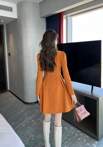 Mini abito Casual <span class=keywords><strong>arancione</strong></span> a tinta unita da donna con colletto rovesciato abito corto da cerimonia arricciato - Product Image 6