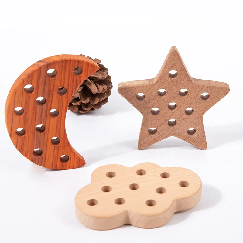 HOYE CRAFT Fashion New Kids Sapele Wooden Threading Bead Toys Star Moon Shape Lacing Game Early Educational Learning Toys