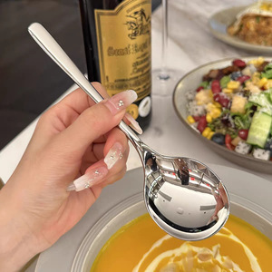 Cuchara Viral de Acero Inoxidable 304 con Cabeza Redonda, Cuchara de Estilo Coreano con Mango Largo, Utensilio para Comer en Restaurantes, Cuchara para Sopa de Uso Diario en el Hogar - Product Image 2