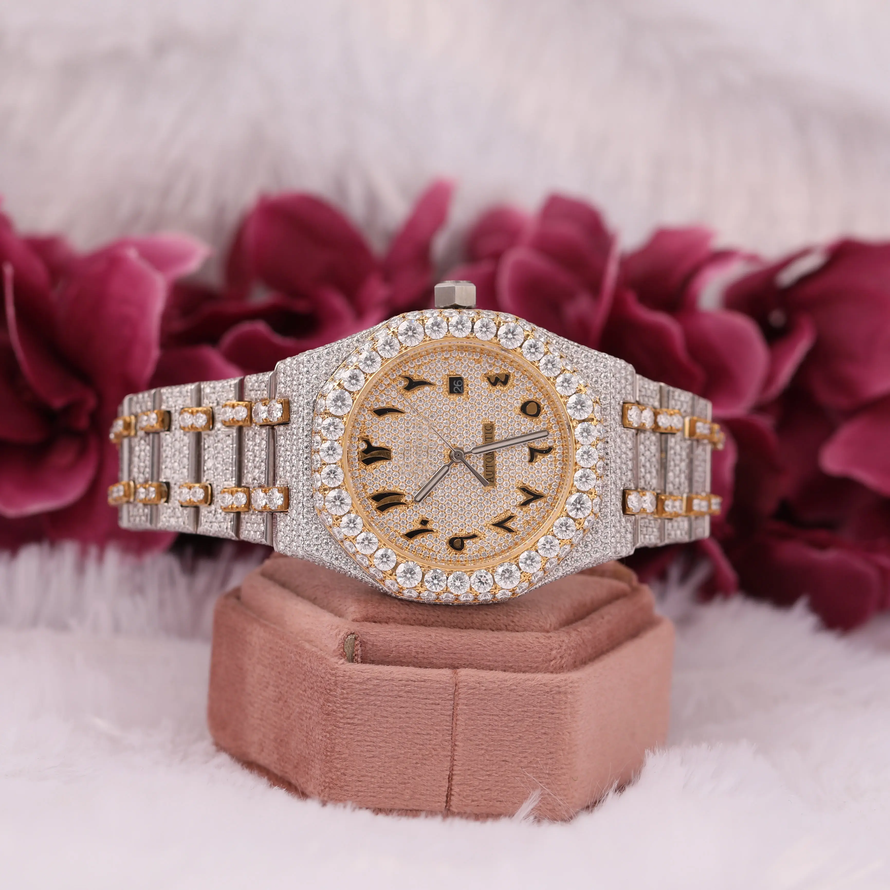 Elegant Stainless Steel DUAL TONE Round Moissanite Watch WITH ARABIC FULL Iced Out DIAMOND STUDDED - Japan Movement WATCH