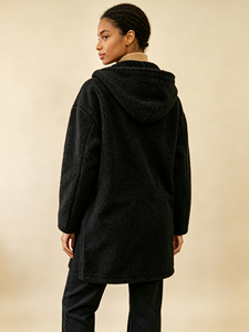 Abrigo de lana Teddy con capucha para mujer, chaqueta cálida de sherpa con botones de longitud media y extragrande - Product Image 3