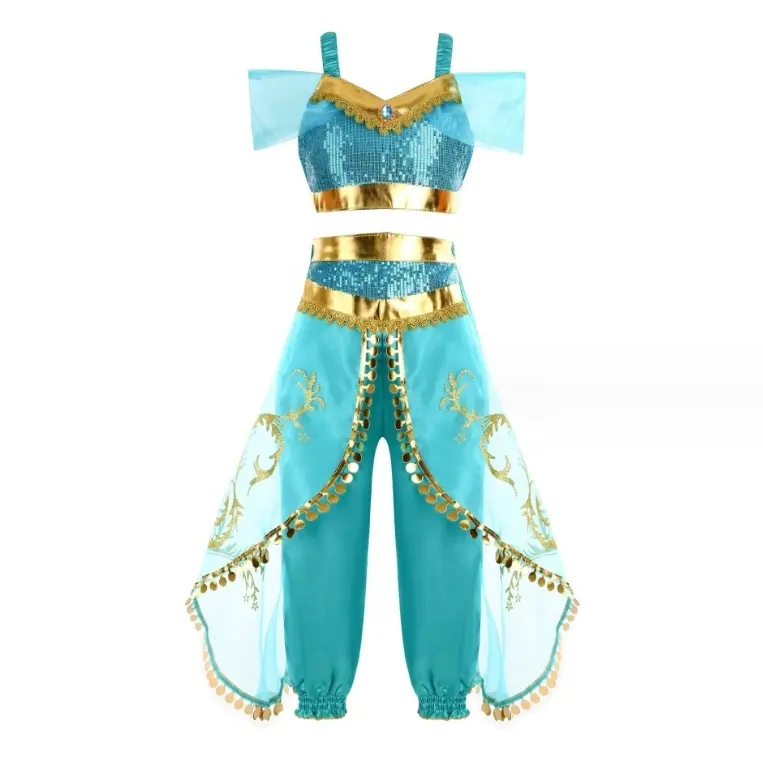 Jasmine putri gaun payet klasik, gaun gelembung kostum cosplay putri Aladdin lampu ajaib untuk anak-anak