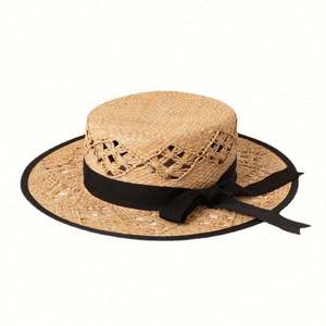 Sombrero de Paja Rafia Hecho a Mano, Estilo Europeo Americano, Primavera-Verano, con Copa Plana, Decoración de Lazo Hueco, Casual - Product Image 5
