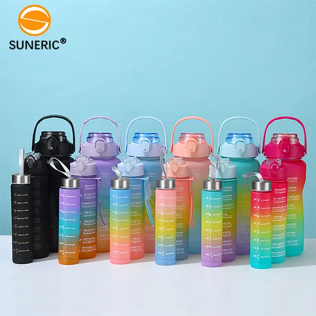Custom Fitness Gym Sport Leakproof Plastic Cute Cycling Water Bottles With Time Marker 2 Litre Gradient 3 in 1 Water Bottle