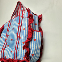 Tas Tote Bergaya Lucu dengan Motif Hati Berlapis dan Bergaris - Tas Selempang Poliester Berumbai untuk Wanita