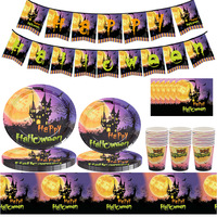 Décoration de fête d'halloween fournitures de réglage de Table château jetable assiette en papier vaisselle assiette tasse nappe ensemble de couverts