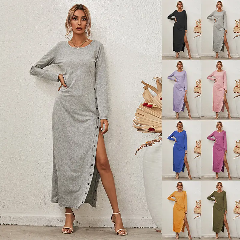 Amazon Hot Style Women Pure Color Casual Long Dress Lady Soft Fashion Daily Dress