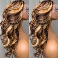 Perruque Lace Front Ondulée AYT WIGS avec Mèches Balayage Ombré, Racines Foncées et Mèches Blondes, Cheveux Humains avec Baby Hair