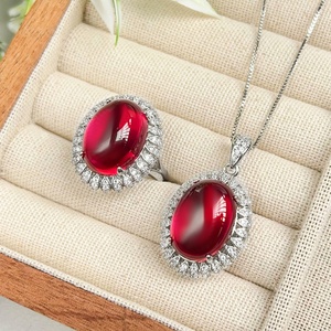 Wholesale Eco-friendly Copper Oval Cut 13*18mm Blood Red Cubic Zirconia Smooth Necklace and Ring Set Vintage Jewelry Set - Product Image 3