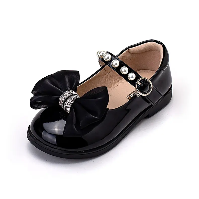 2023 New girl's black casual fashion leather strap butterfly design rubber soled Mary Jane Princess shoes