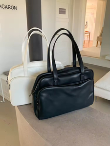 Wholesale Luxury <strong>Black</strong> Pu Leather Shoulder <strong>Bags</strong> for Women Stylish Large Capacity Travel Handbags Two Straps Custom Logo Zipper - Product Image 2