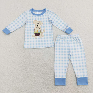 Ensemble de vêtements pour enfants Ester, haut bleu brodé motif œuf de cane et pantalon à carreaux, tenues assorties pour frères et sœurs - Product Image 5