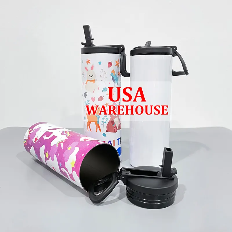 Usa Warehouse Vakuum isolierte Outdoor-Sportarten 20 Unzen weiße leere Sublimation gerade dünne Sport becher mit Stroh deckel