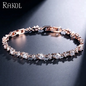 RAKOL BP134 Exquisita Circón Redondo Cristal Hoja Superficie Brillante Oro Rosa CZ Pulsera - Product Image 1
