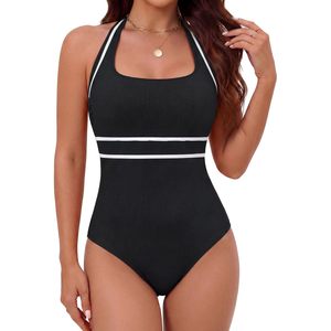 FOXA Women's Halter One Piece Swimsuit Ribbed <b>Tummy</b> <b>Control</b> Swimwear Spandex Polyester 2026 - Product Image 1