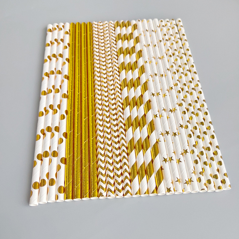 25pcs/bag Hot Stamping Gold Color Stripe Design Paper Straw Party Decoration Wholesale Biodegradable Disposable Paper Straw