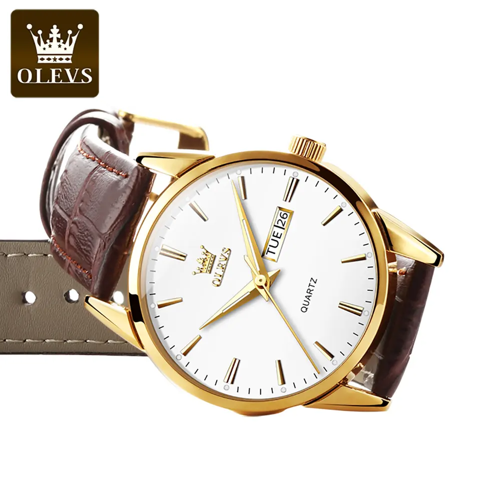 OLEVS นาฬิกาข้อมือ6898ผู้ชาย, นาฬิกาควอตซ์แอนะล็อกหรูหราเรียบง่ายของขวัญวันที่ปฏิทินควอตซ์กันน้ำเรืองแสงนาฬิกาผู้ชาย