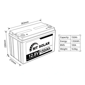 Batterie LiFePO4 Lithium-Ion 12,8V 150Ah 1,92kWh avec BMS 4S100A – Remplacement pour batteries au plomb, stockage d'énergie domestique - Product Image 2