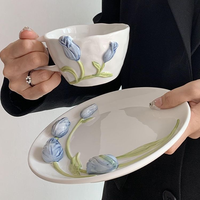 Exquis 3D tridimensionnel rose ou bleu couleur tulipe forme bol en céramique tasse et soucoupe en céramique maison tasses à thé