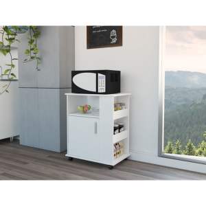 DB Kitchen Cart Modern Single Door Lower Microwave Cabinet with Three Side <b>Shelves</b> <b>White</b> Wood Panel Design - Product Image 1