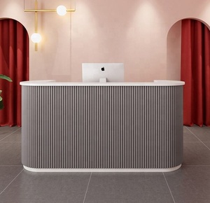 Barber Shop Wood Nail Customize Spa pink Modern <b>Small</b> <b>White</b> High Quality Front <b>Table</b> Beauty Salon Reception Desk - Product Image 4