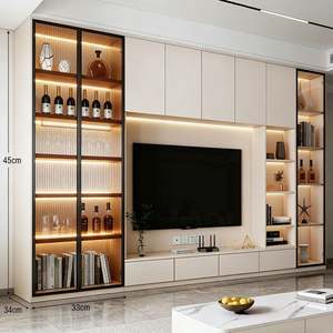 Meuble TV moderne multifonctionnel mural, console multimédia avec étagère en verre pour le salon - Product Image 6