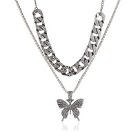 Collier cubain Double couche plein de diamants, grand collier papillon, chaîne épaisse, chaîne de cavalier femme