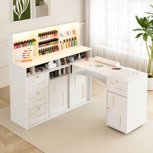 Gabinete de Almacenamiento Rodante de Madera, Escritorio de Manicura en Forma de L Ajustable con <span class=keywords><strong>Colector</strong></span> de Polvo Deslizante y Reposamuñecas - Product Image 1