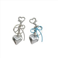 Porte-clés Cœur Argenté Effet Miroir avec Tube Pliable Coloré et Breloque Nœud pour Sac, Fermoir Mousqueton en Forme de Cœur pour Femme, Logo Personnalisé
