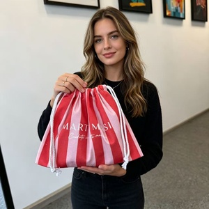 Bolsas de Lona de Muselina Blanca Pequeñas Personalizadas de Moda Orgánica para Mujer, Bolsa de Algodón a Rayas con Cordón y Logotipo Personalizado - Product Image 4