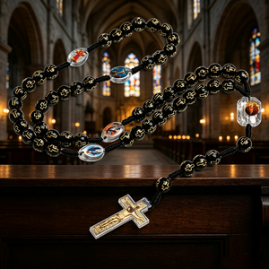 Elegante rosario católico de cuentas de acrílico de colores con San Benito, cruz de Santiago y corazón de Jesús. - Product Image 1