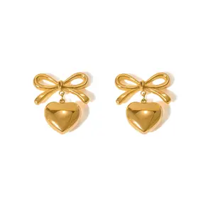 2024 New Styles Stainless Steel Drop Dangle Heart Ribbon Stud Earrings Coquette Jewelry Gold Bow Heart Earrings for women