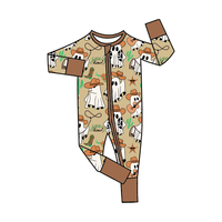 Pakaian Jumpsuit Bayi Halloween Anak-Anak Custom Bermotif Barat Rajutan Bambu dengan Ritsleting Dua Arah