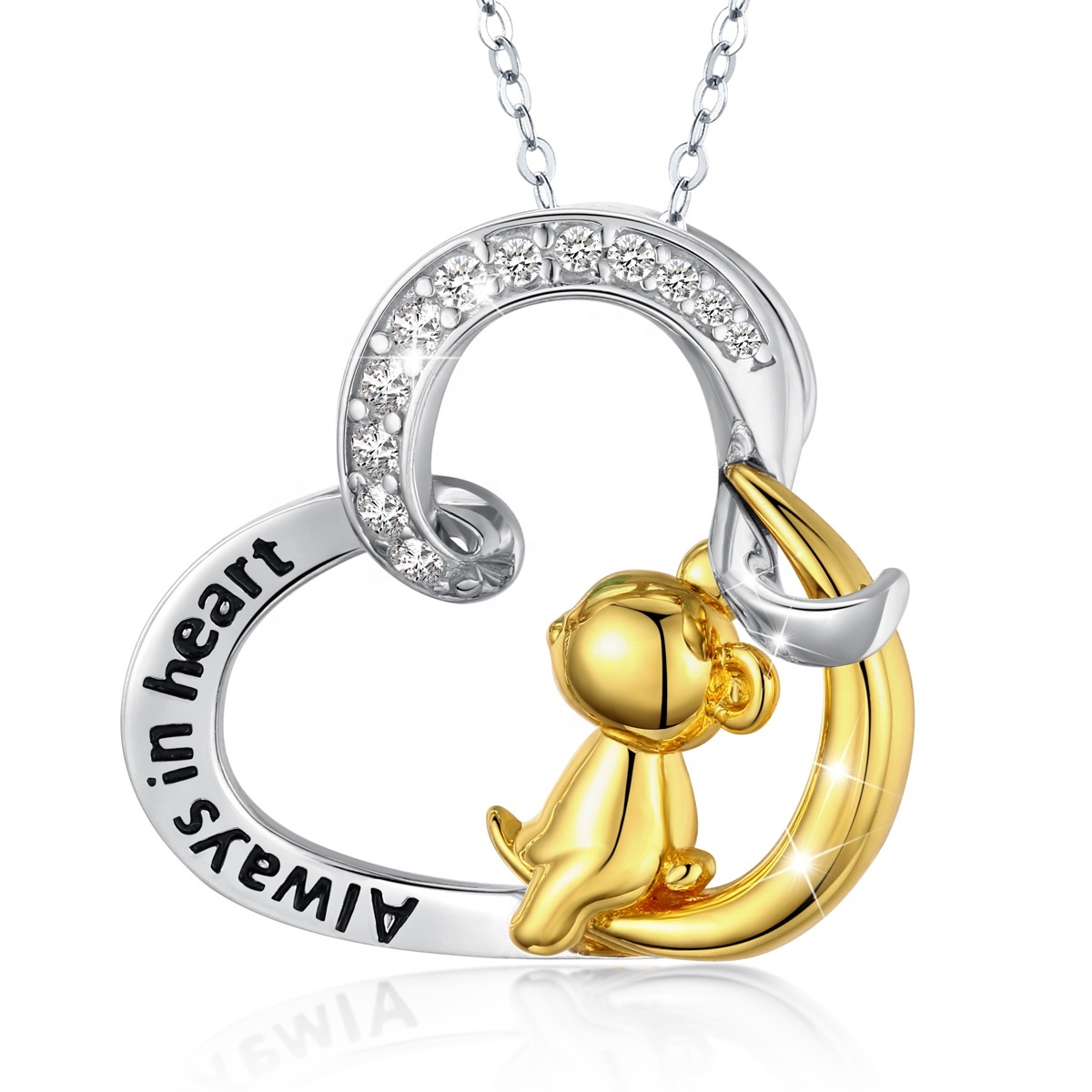 Isunni S925 de plata esterlina oso pequeño se sienta en la luna del patrón oro oso de peluche colgante collar