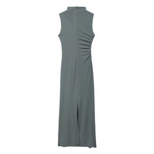 เดรสสีพื้น คอเต่า แขนกุด จับจีบด้านข้าง สไตล์ฤดูร้อน ความยาวปานกลาง สำหรับผู้หญิง แฟชั่นทันสมัย - Product Image 6